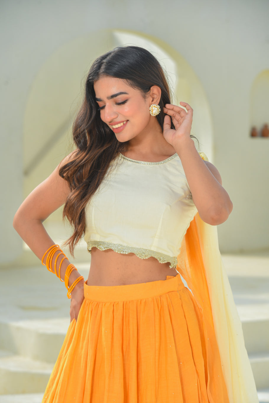 Yellow Aumbre Crop Top With Skirt Set