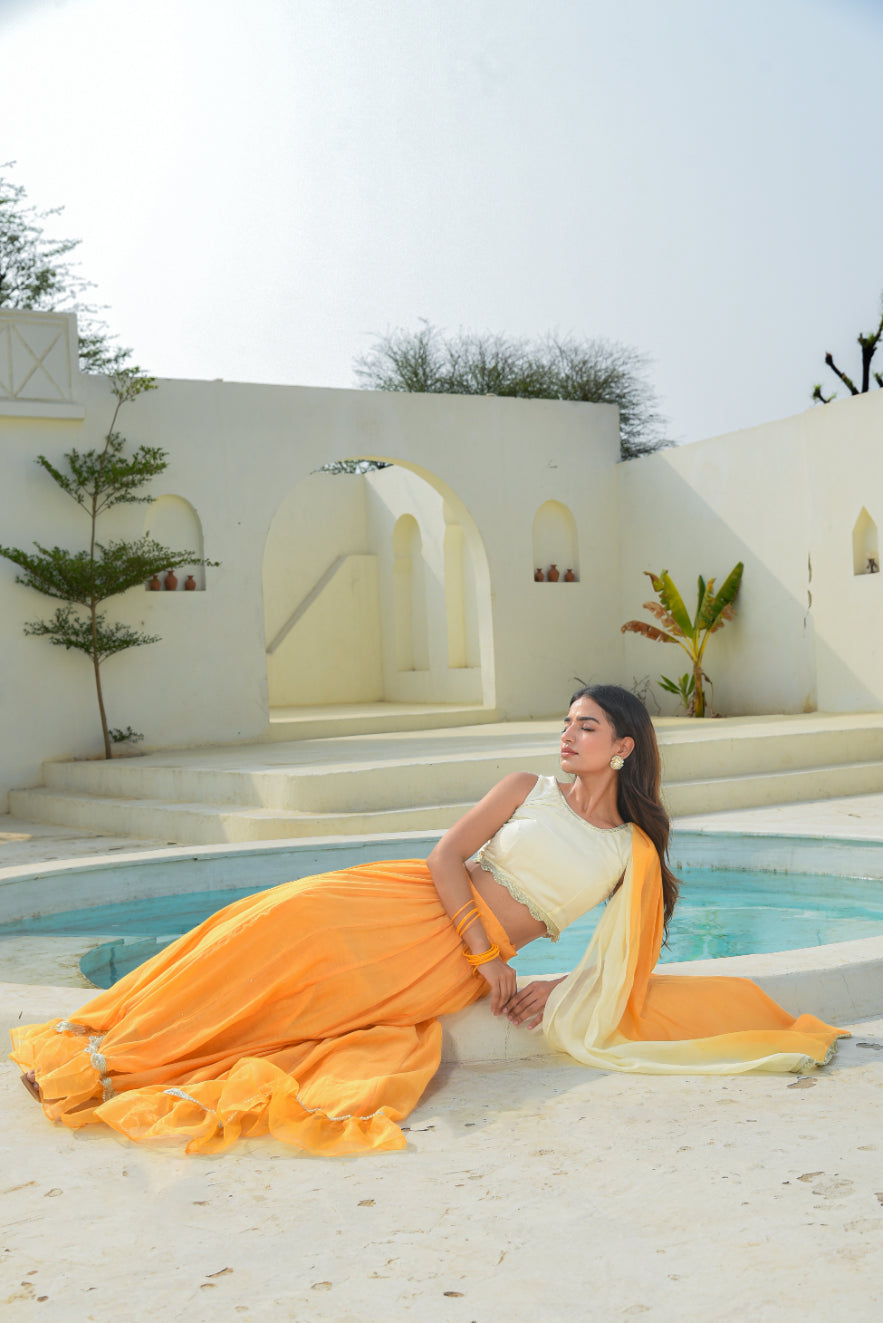 Yellow Aumbre Crop Top With Skirt Set