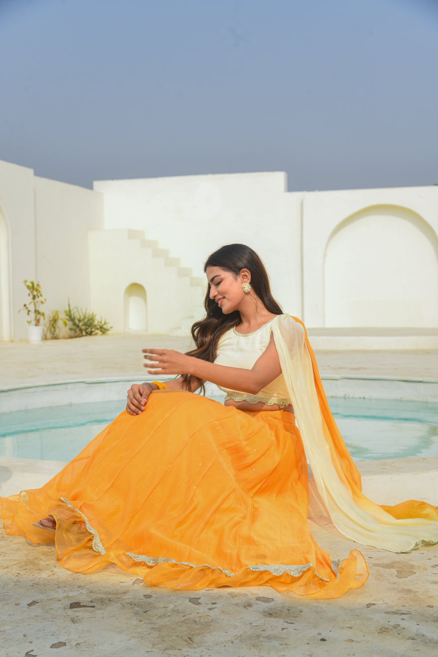 Yellow Aumbre Crop Top With Skirt Set