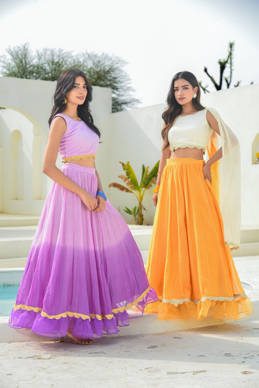 Lavender Aumbre Crop Top With Skirt Set