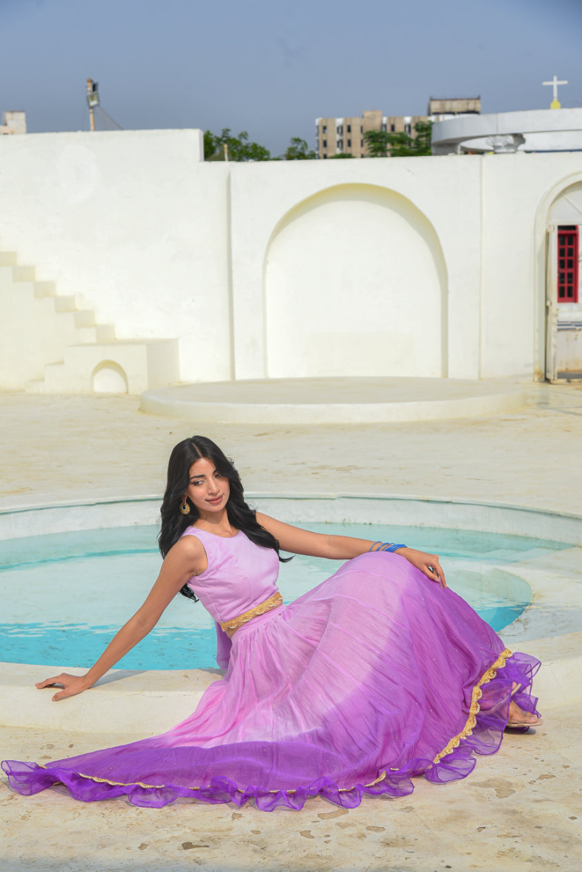 Lavender Aumbre Crop Top With Skirt Set