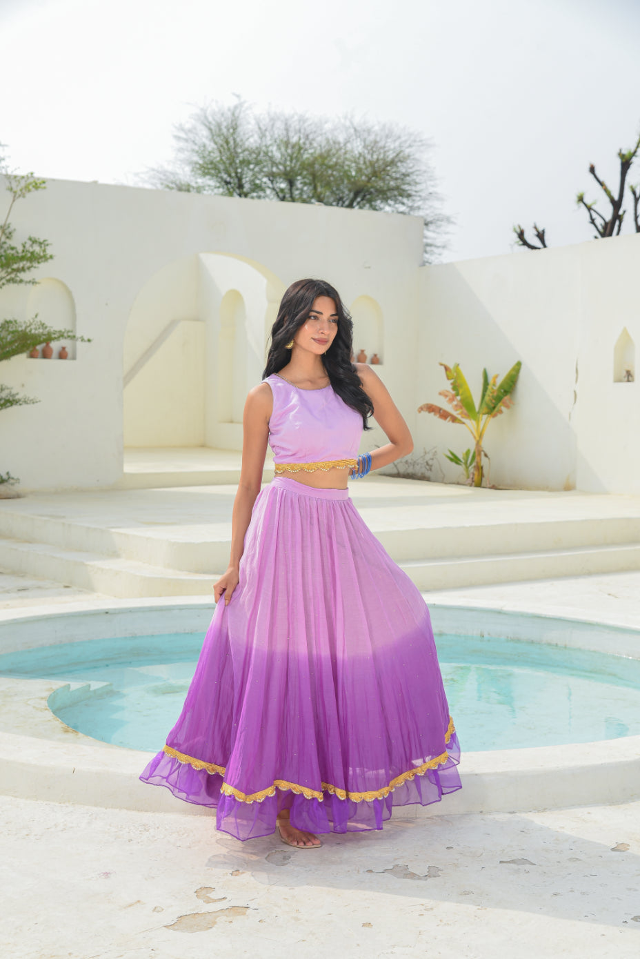 Lavender Aumbre Crop Top With Skirt Set