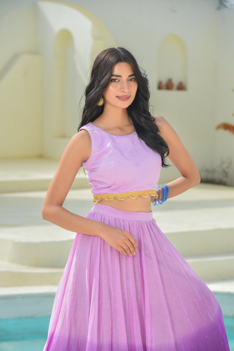 Lavender Aumbre Crop Top With Skirt Set