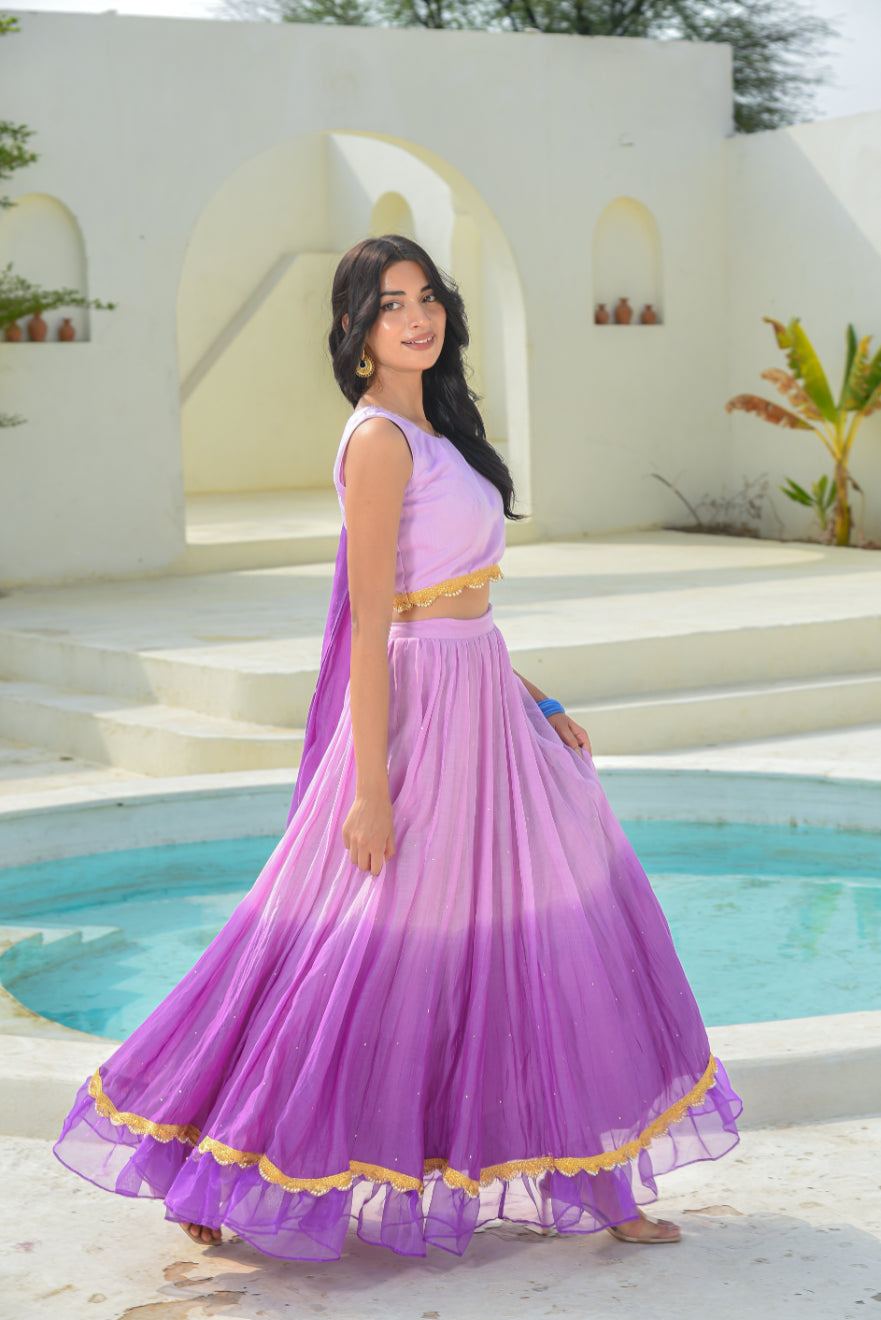 Lavender Aumbre Crop Top With Skirt Set