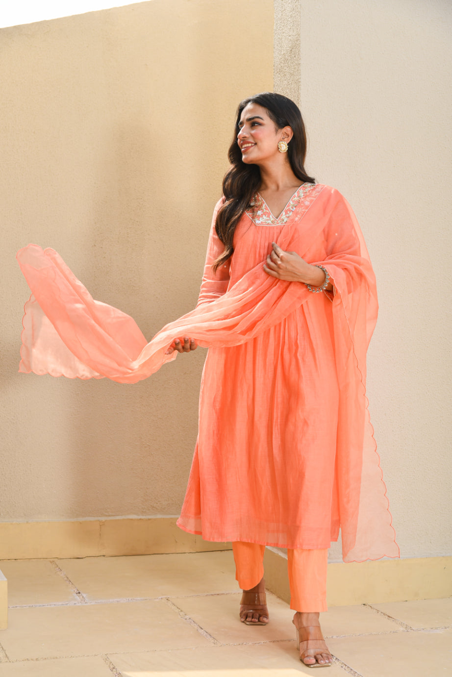 Plum Orange Pleated Kurta Set