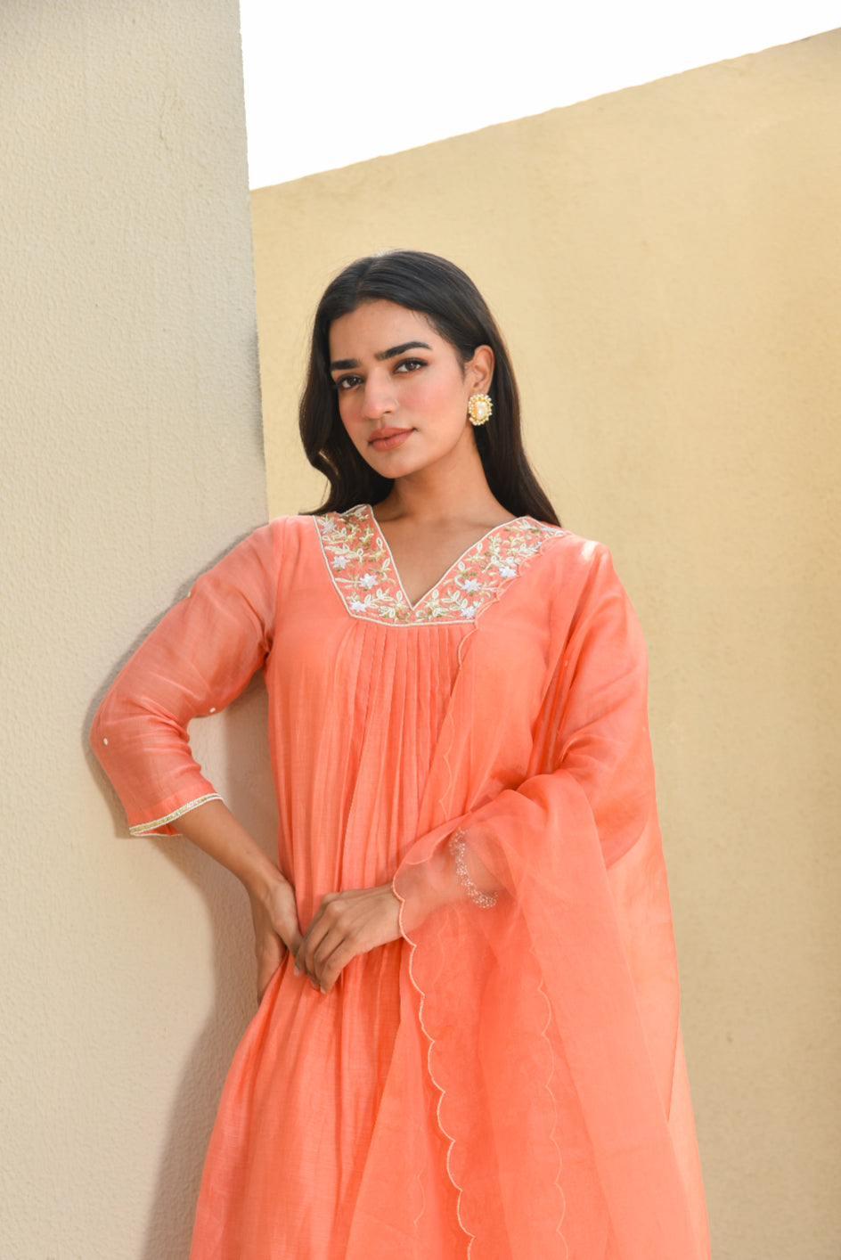 Plum Orange Pleated Kurta Set