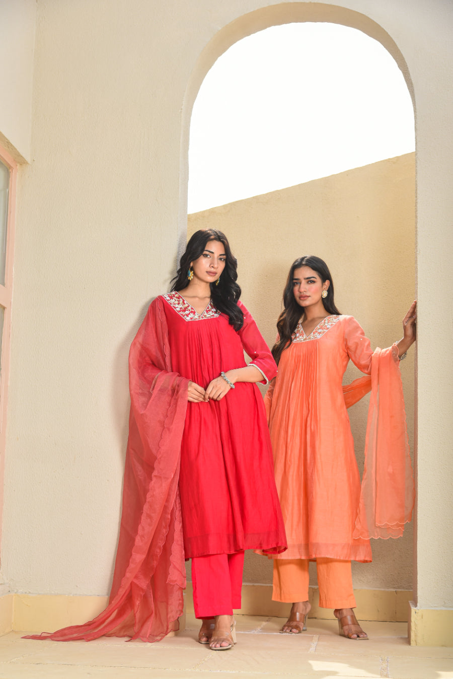 Plum Orange Pleated Kurta Set