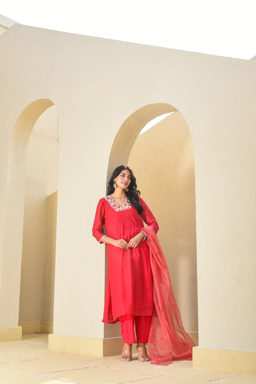 Cherry Red Pleated Kurta Set