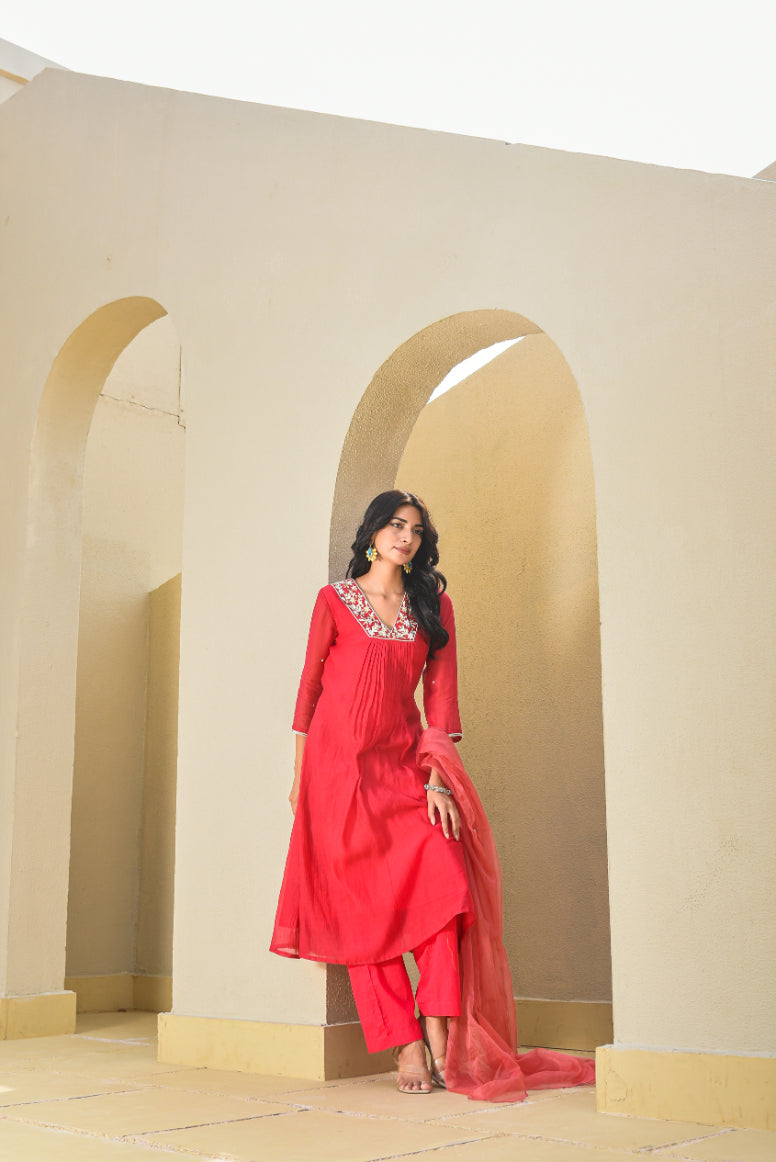 Cherry Red Pleated Kurta Set