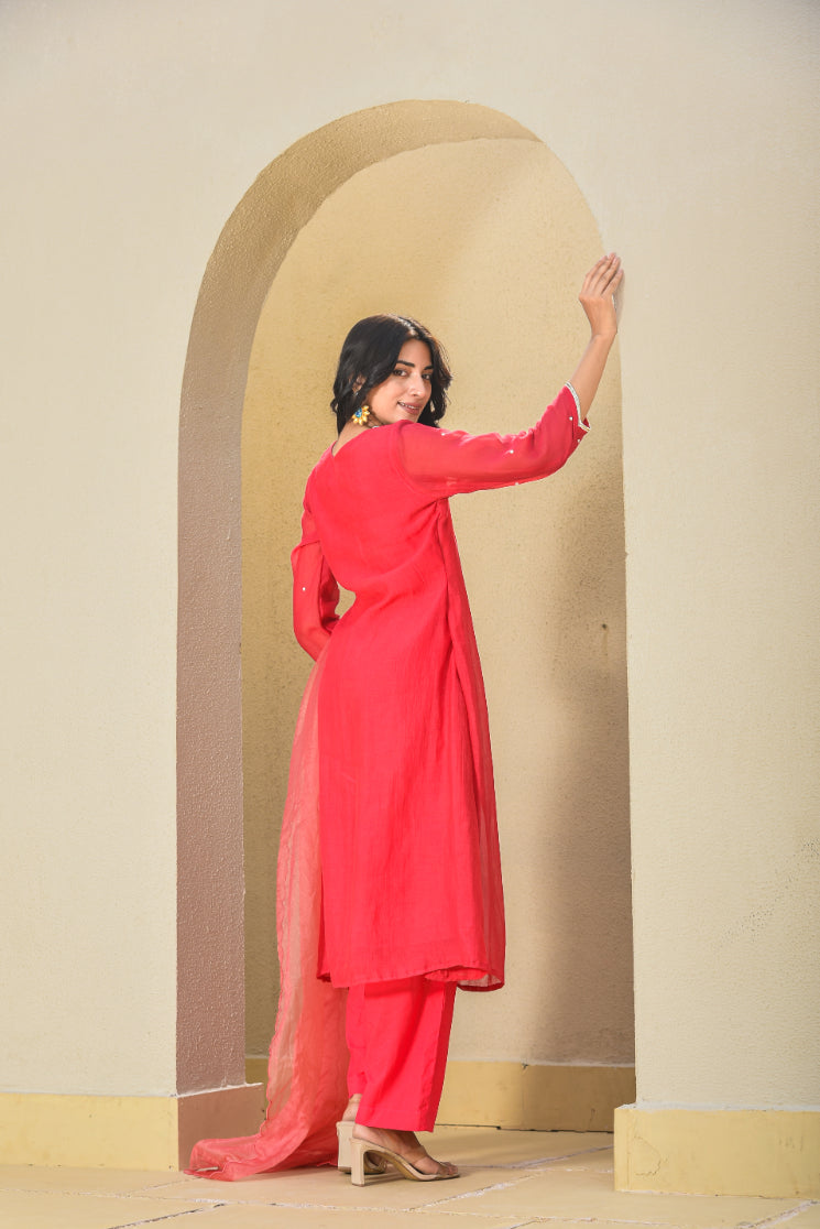 Cherry Red Pleated Kurta Set