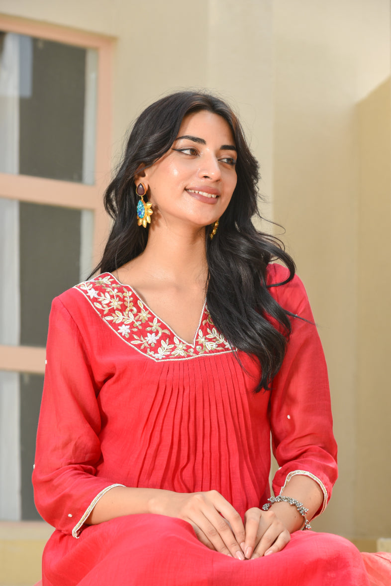 Cherry Red Pleated Kurta Set