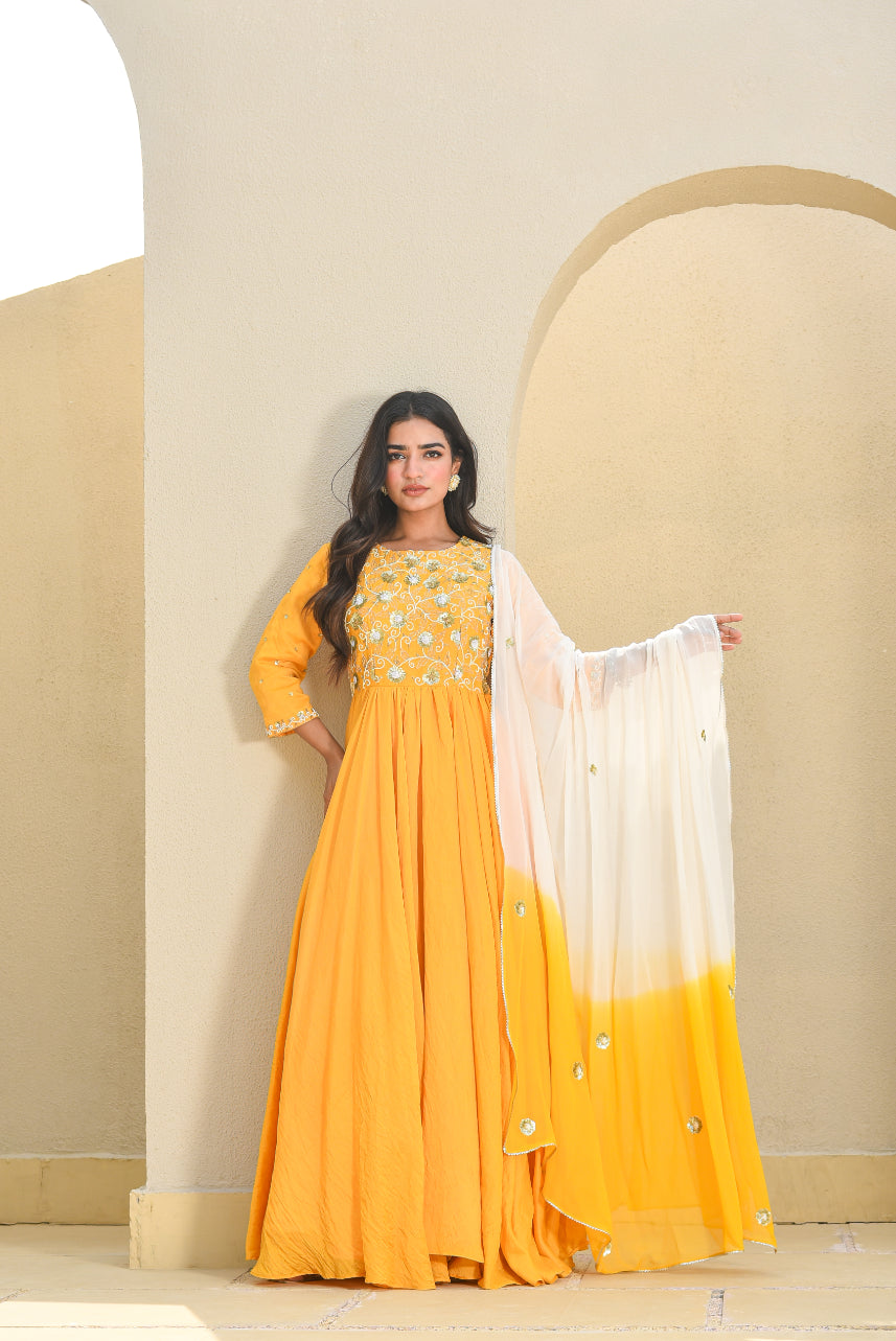 Yellow Heavy Work Anarkali Dress With Duppta
