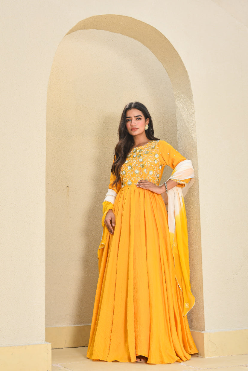 Yellow Heavy Work Anarkali Dress With Duppta