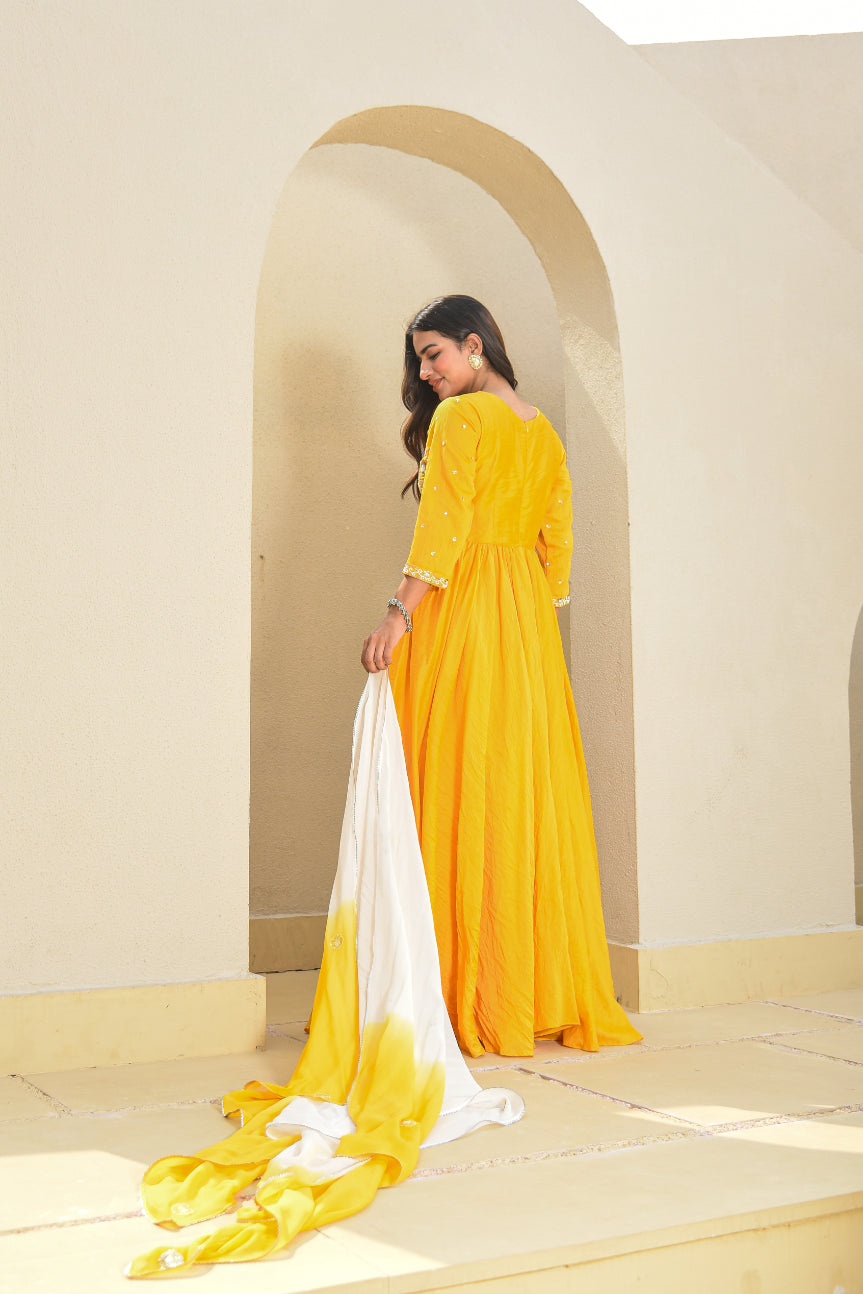 Yellow Heavy Work Anarkali Dress With Duppta