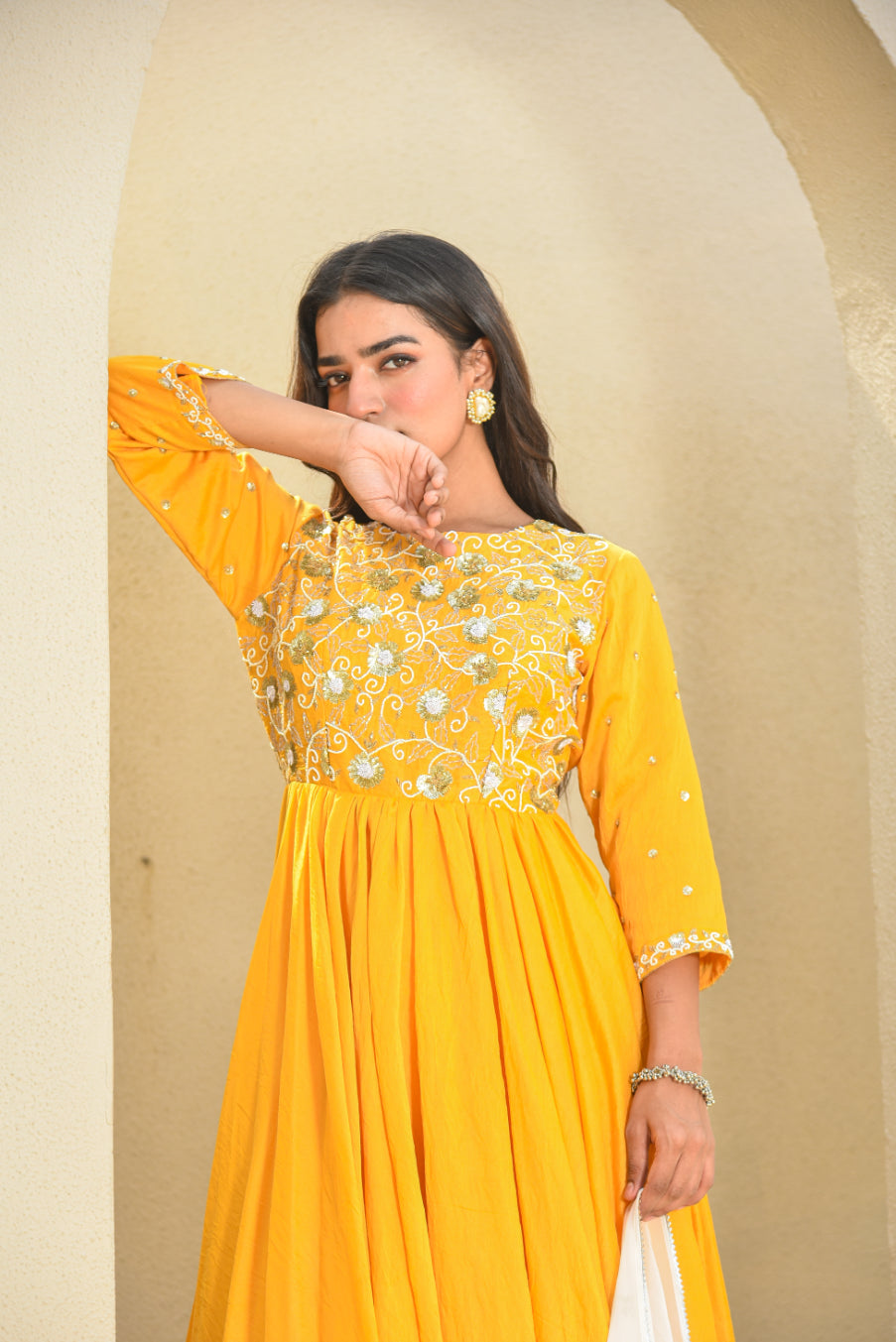 Yellow Heavy Work Anarkali Dress With Duppta