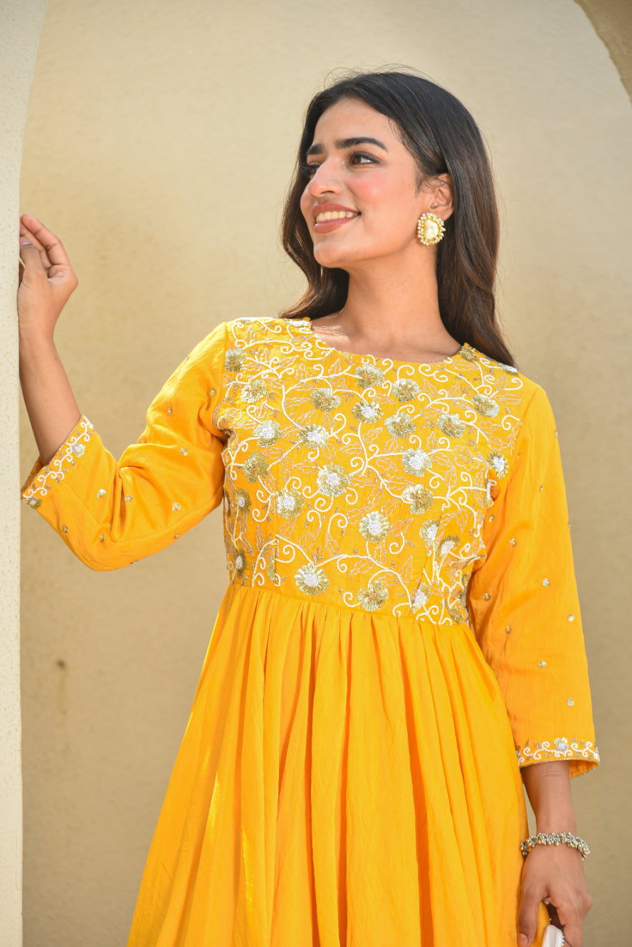 Yellow Heavy Work Anarkali Dress With Duppta
