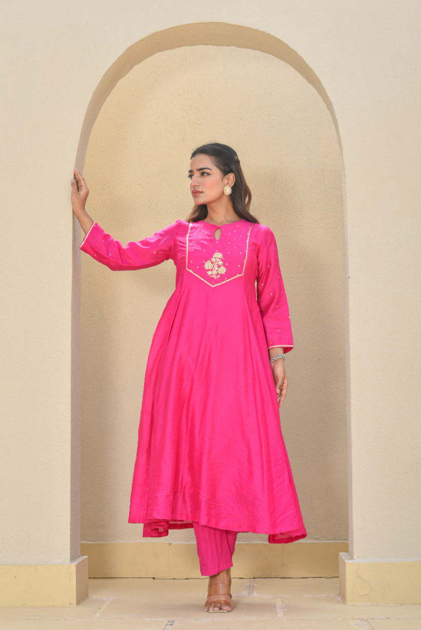 Hot Pink zardozi A-Line Kurta Set