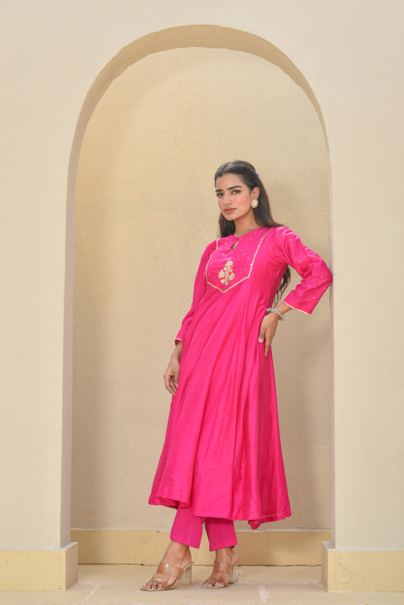 Hot Pink zardozi A-Line Kurta Set