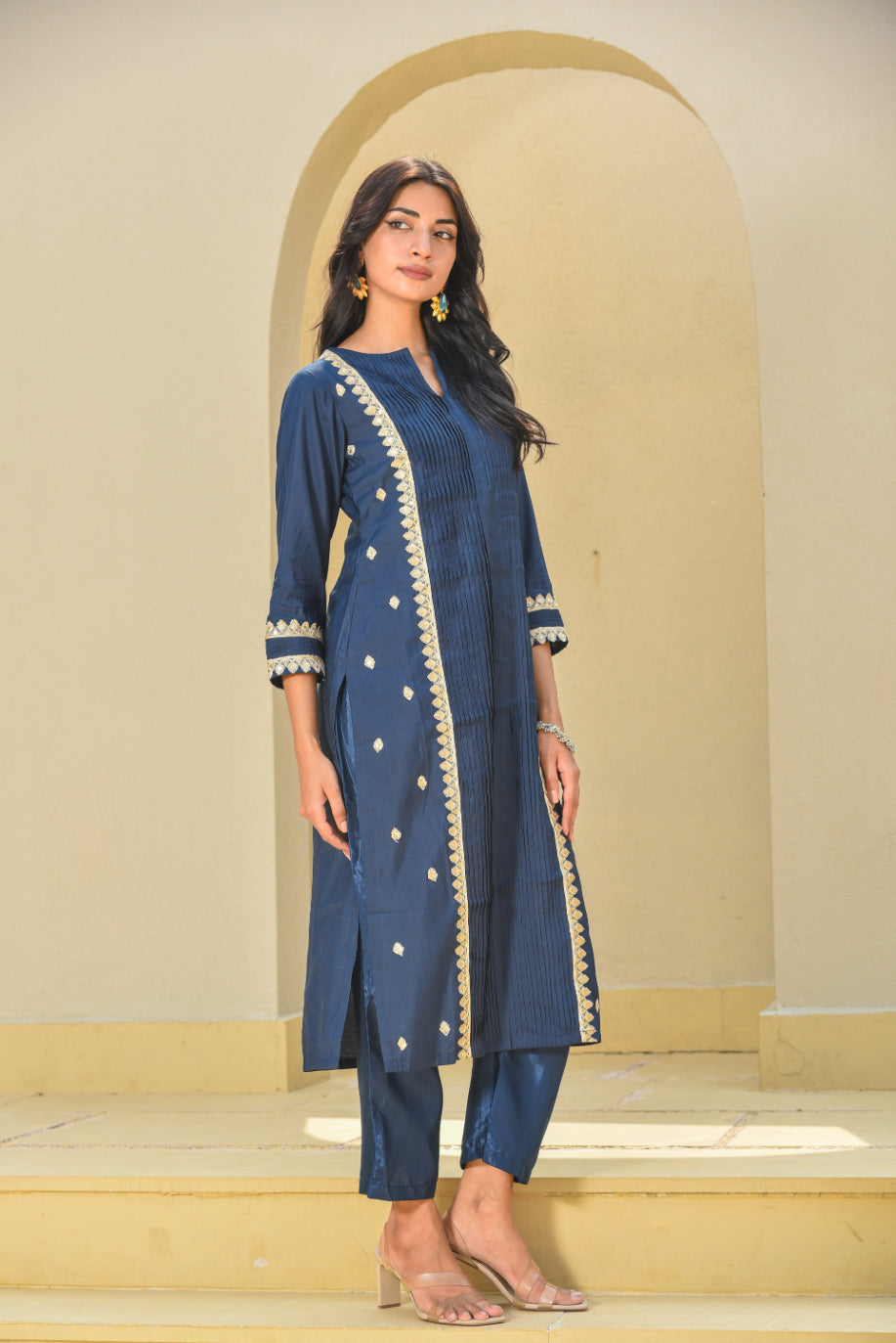 Navy Blue Zari Silk Kurta Set
