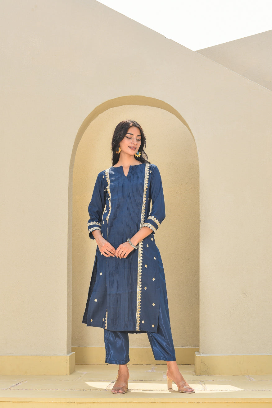 Navy Blue Zari Silk Kurta Set