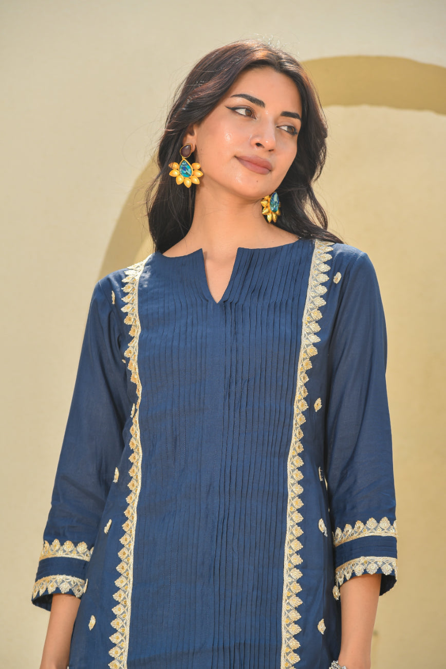 Navy Blue Zari Silk Kurta Set