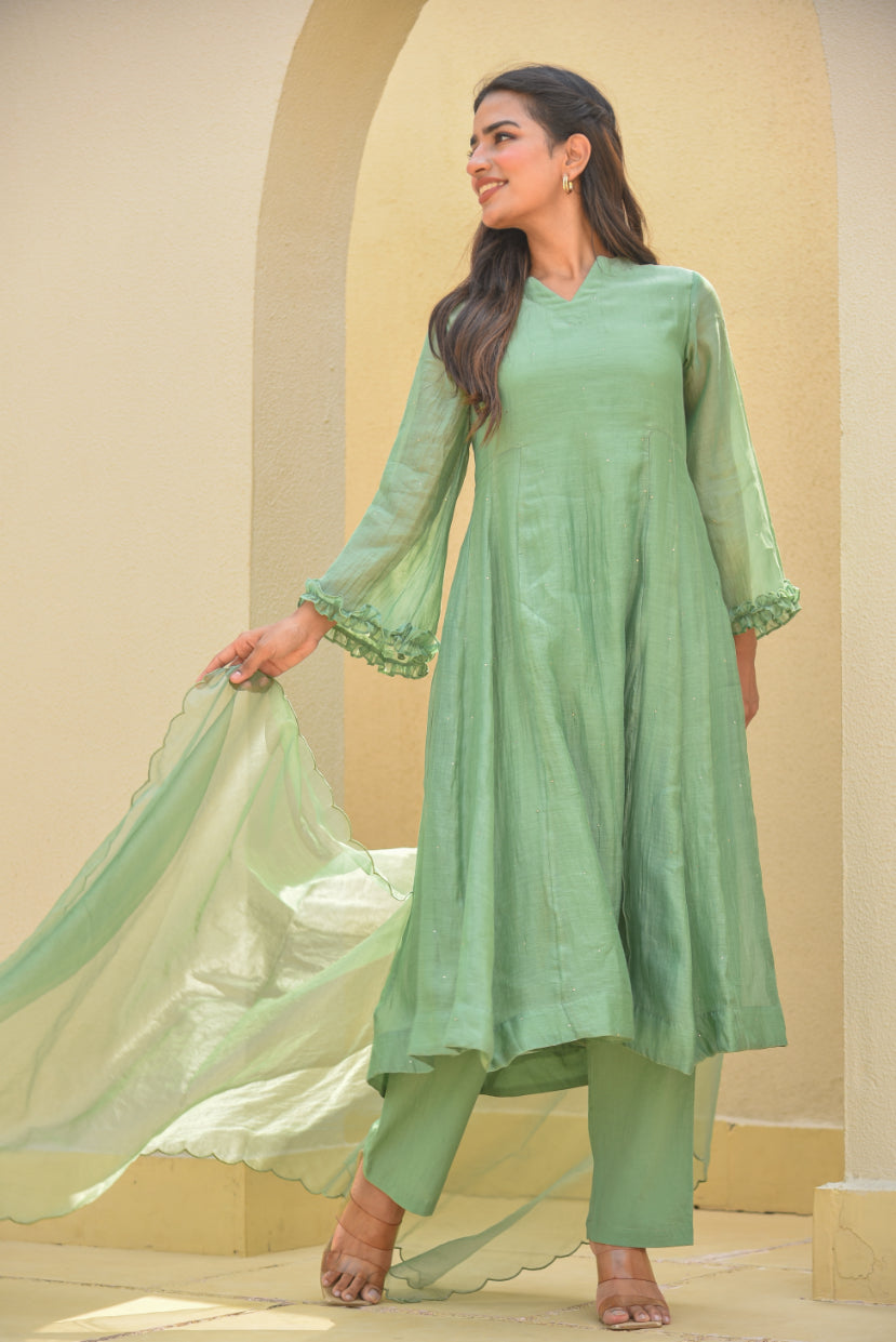 Fern Green Mukesh Work A-line Kurta Set