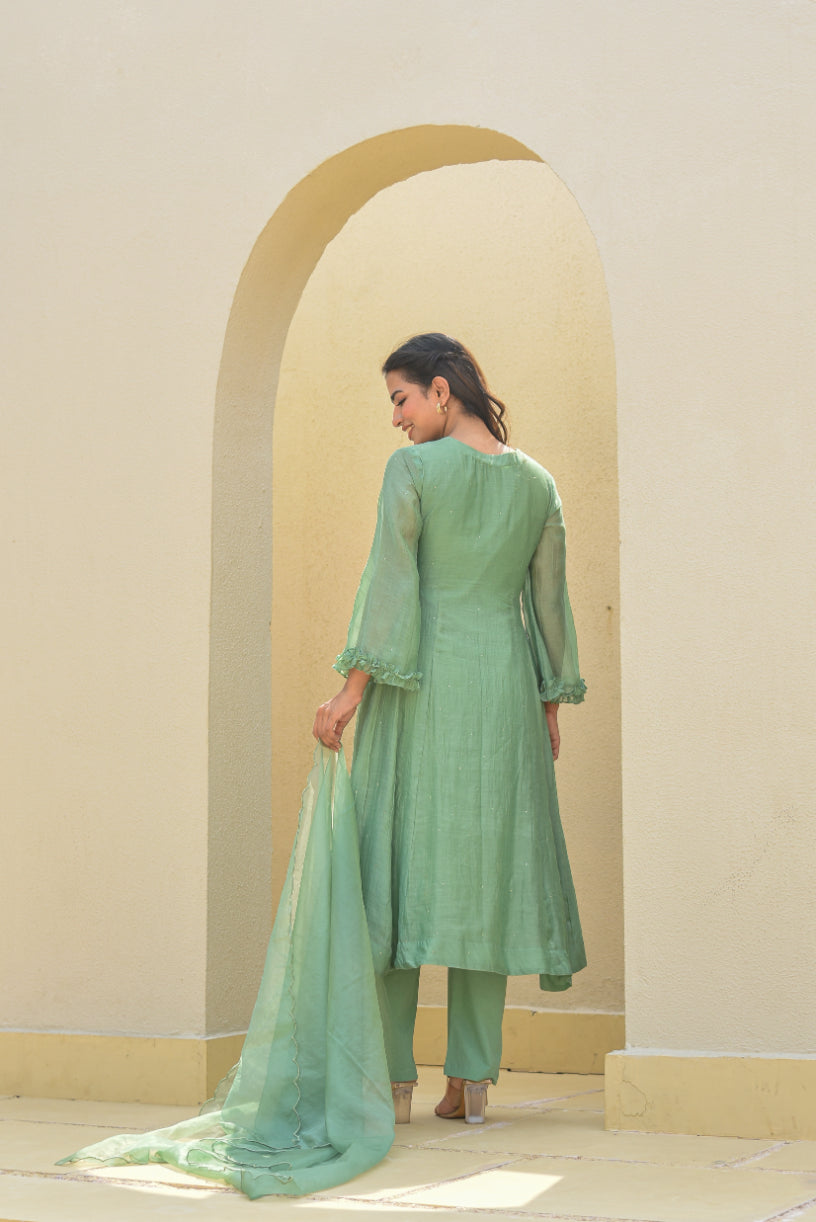 Fern Green Mukesh Work A-line Kurta Set