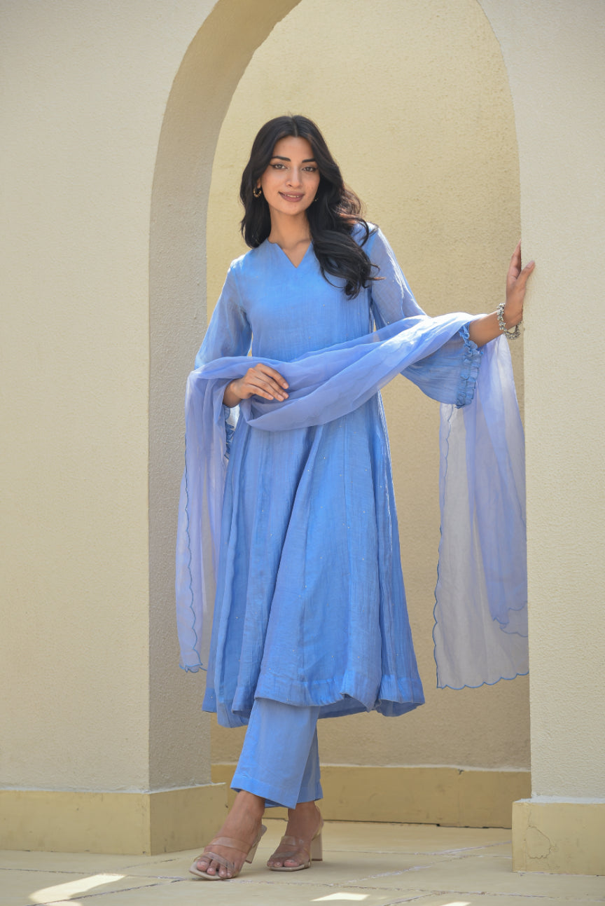 Ice Blue Mukesh Work A-line Kurta Set