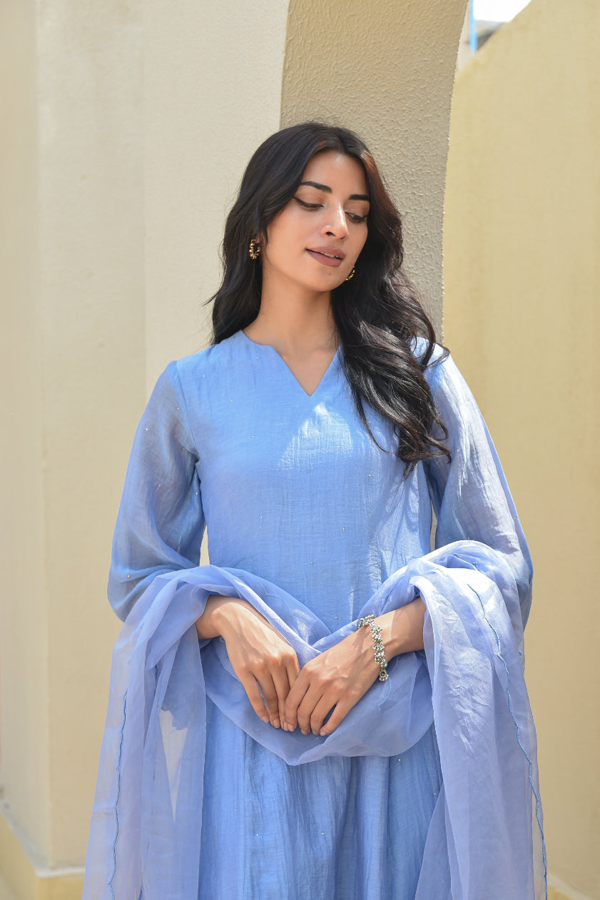 Ice Blue Mukesh Work A-line Kurta Set