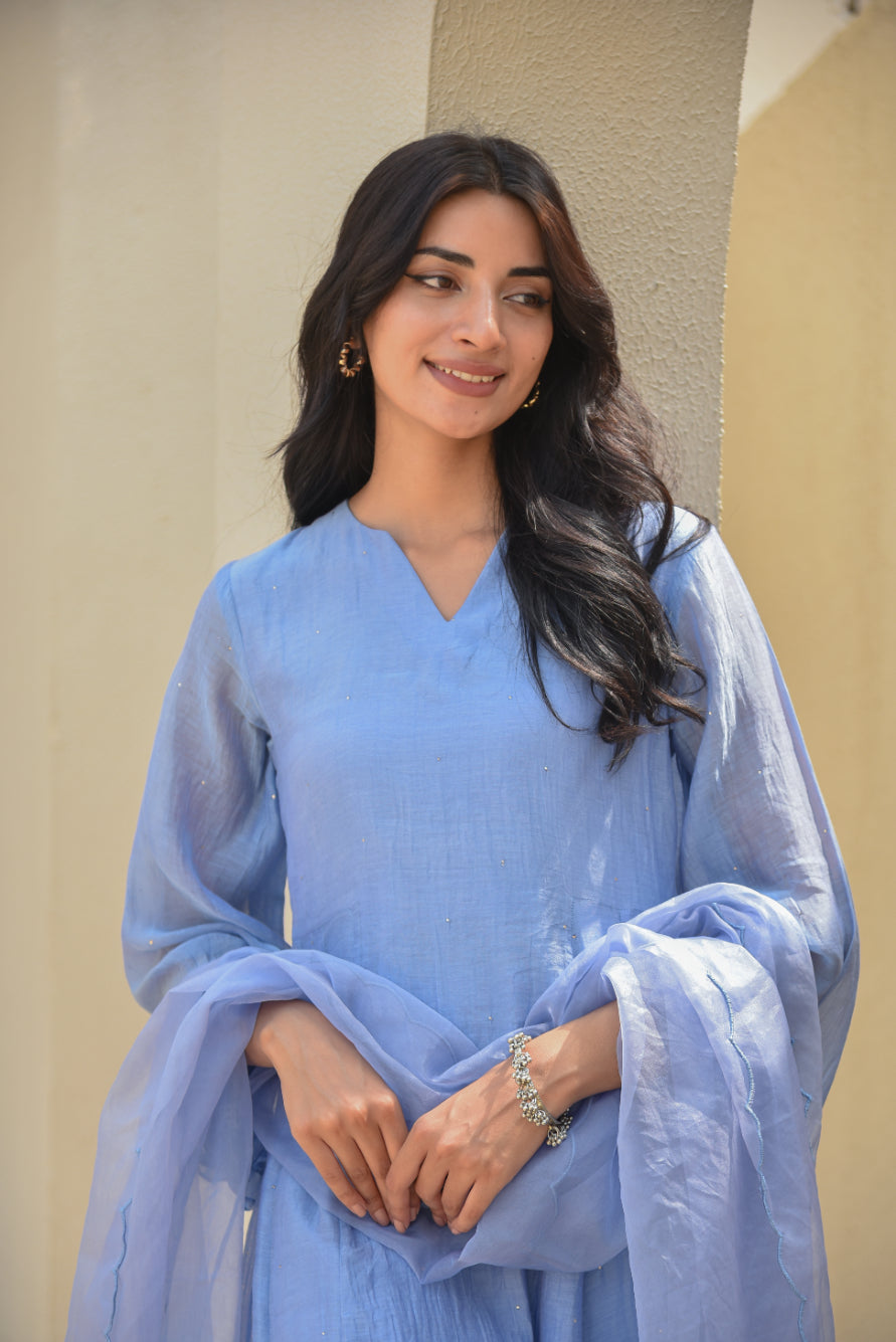 Ice Blue Mukesh Work A-line Kurta Set