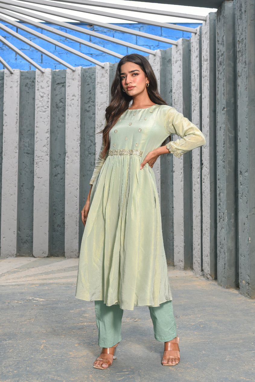 Moss Green Zari Silk Anarkali Set