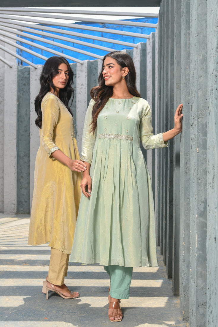 Beige Zari Silk Anarkali Set