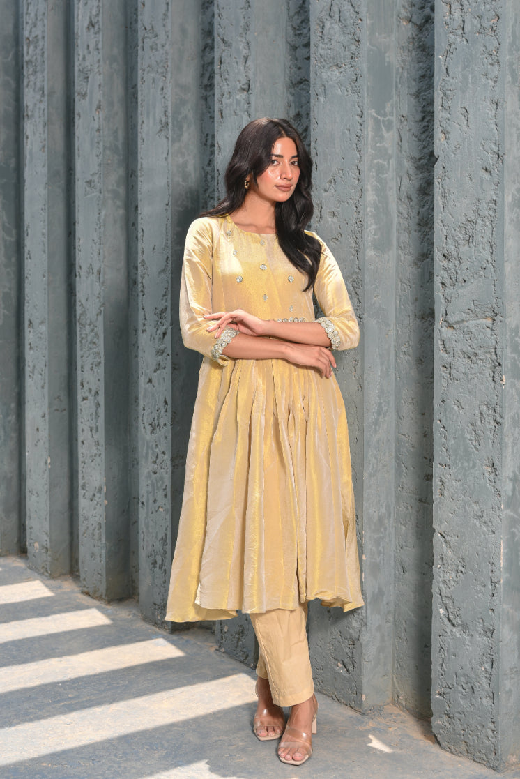 Beige Zari Silk Anarkali Set