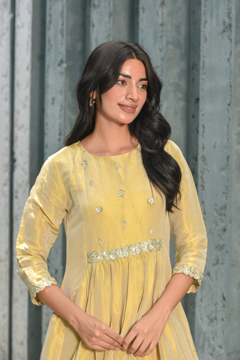 Beige Zari Silk Anarkali Set