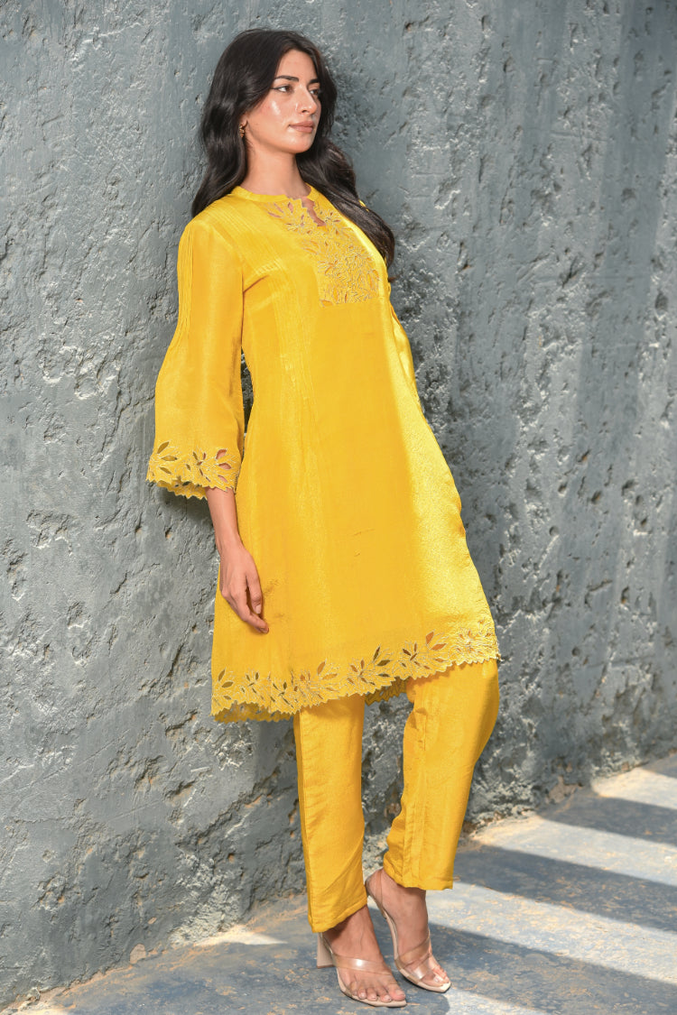 Daffodil Yellow Zari Silk Kurta Set