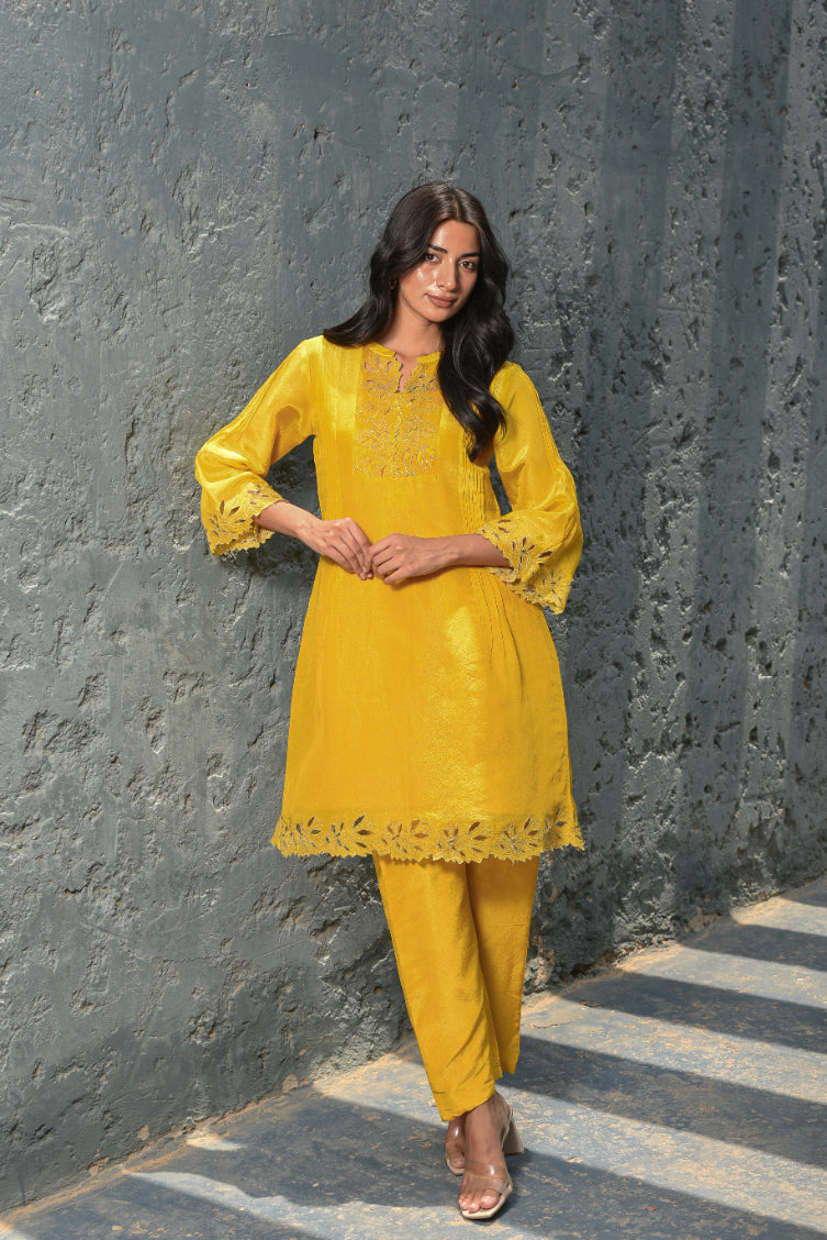 Daffodil Yellow Zari Silk Kurta Set