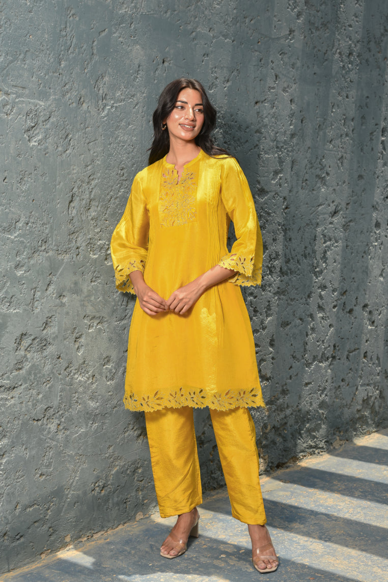 Daffodil Yellow Zari Silk Kurta Set
