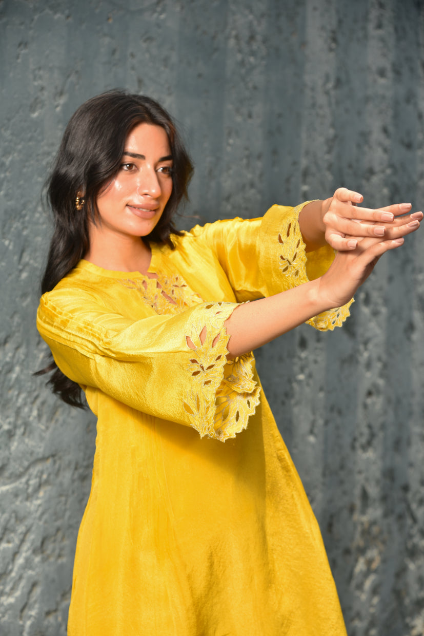 Daffodil Yellow Zari Silk Kurta Set