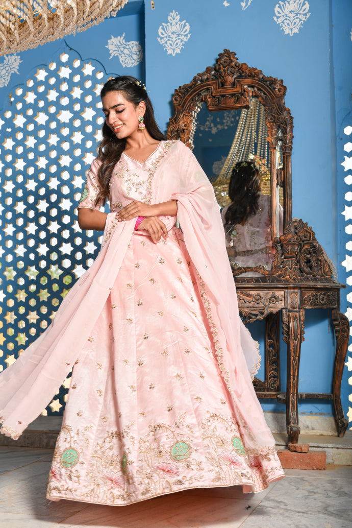 Blush Pink Heavy Embroidery Lehenga Set