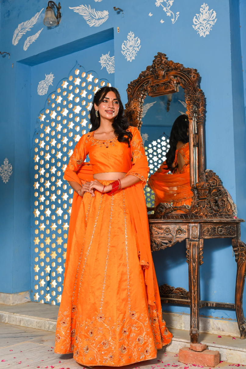 Orange Heavy Embroidery  Lehenga Set