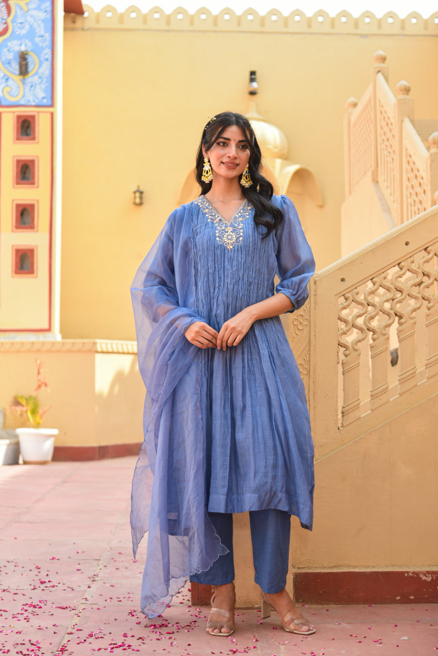 Marine Blue Chanderi Silk Kurta Set