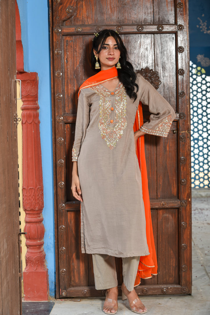Taupe Grey Straight Kurta Set