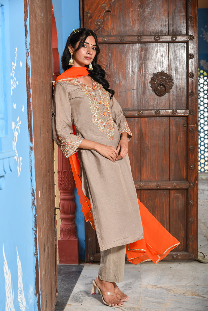 Taupe Grey Straight Kurta Set