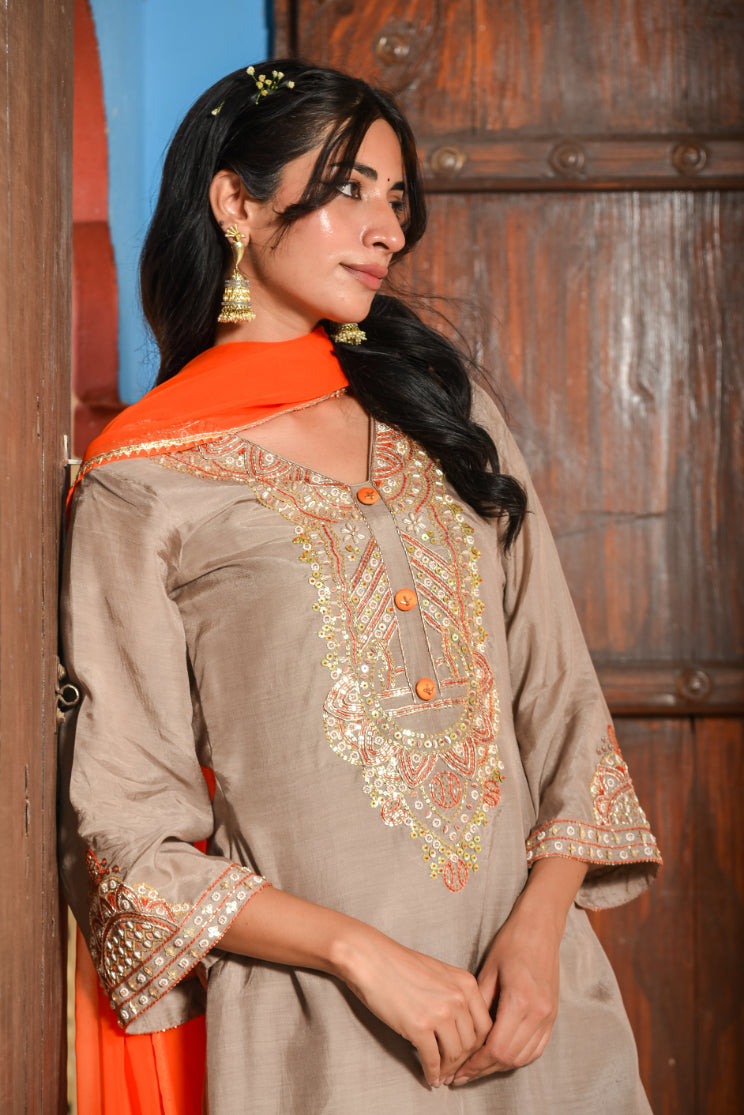 Taupe Grey Straight Kurta Set
