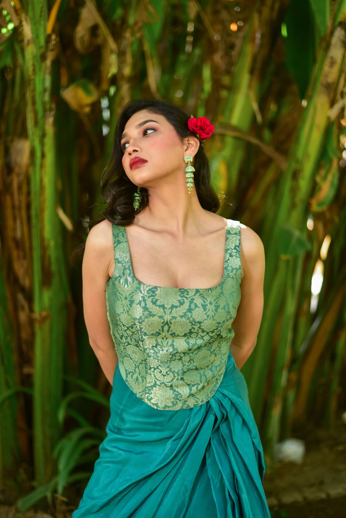 Green Goddess Brocade Set Side View - Designer Ethnic Wear