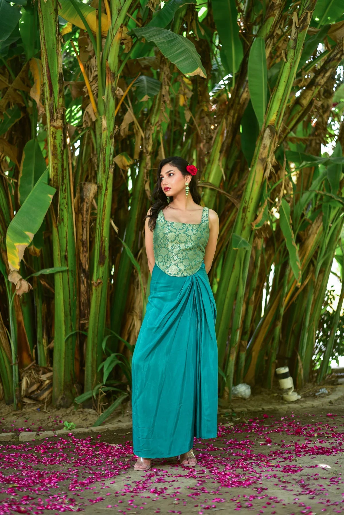 Green Goddess Brocade Set Detail Shot - Designer Ethnic Wear