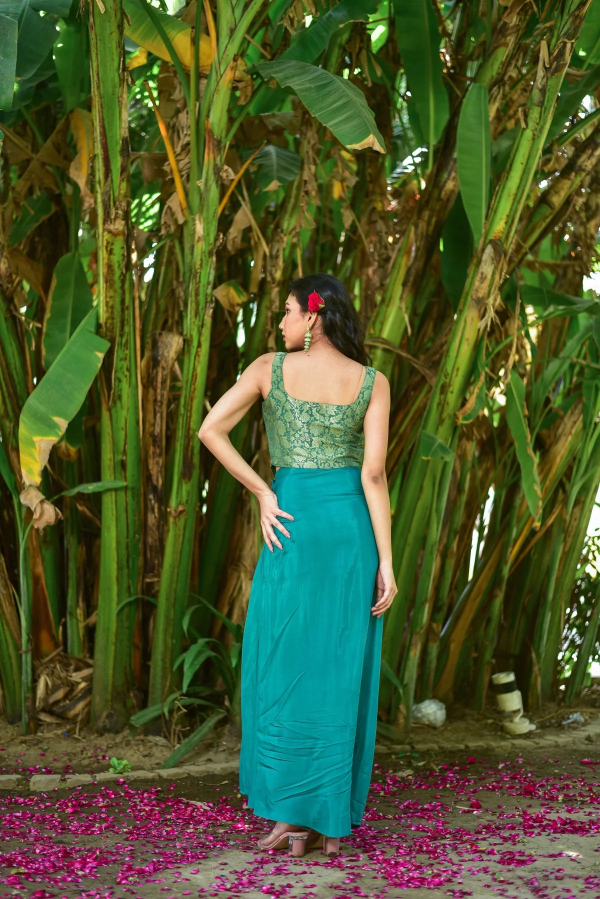 Green Goddess Brocade Set Close-up - Designer Ethnic Wear