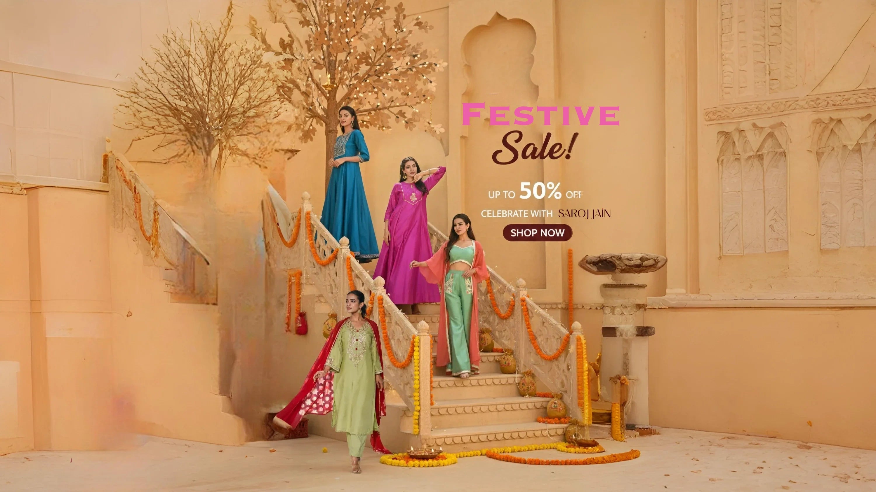 Promotional advertisement for a festive sale with women in traditional outfits against an ornate architectural background.