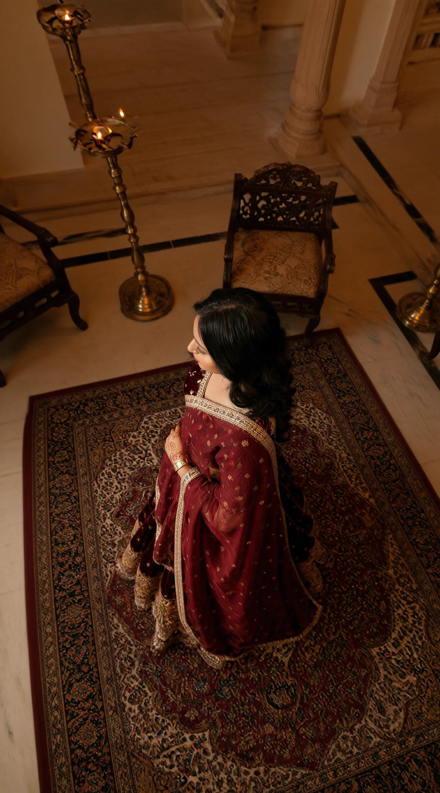 Women's Velvet Lehenga Set in maroon and gold, elegant wedding and reception look.