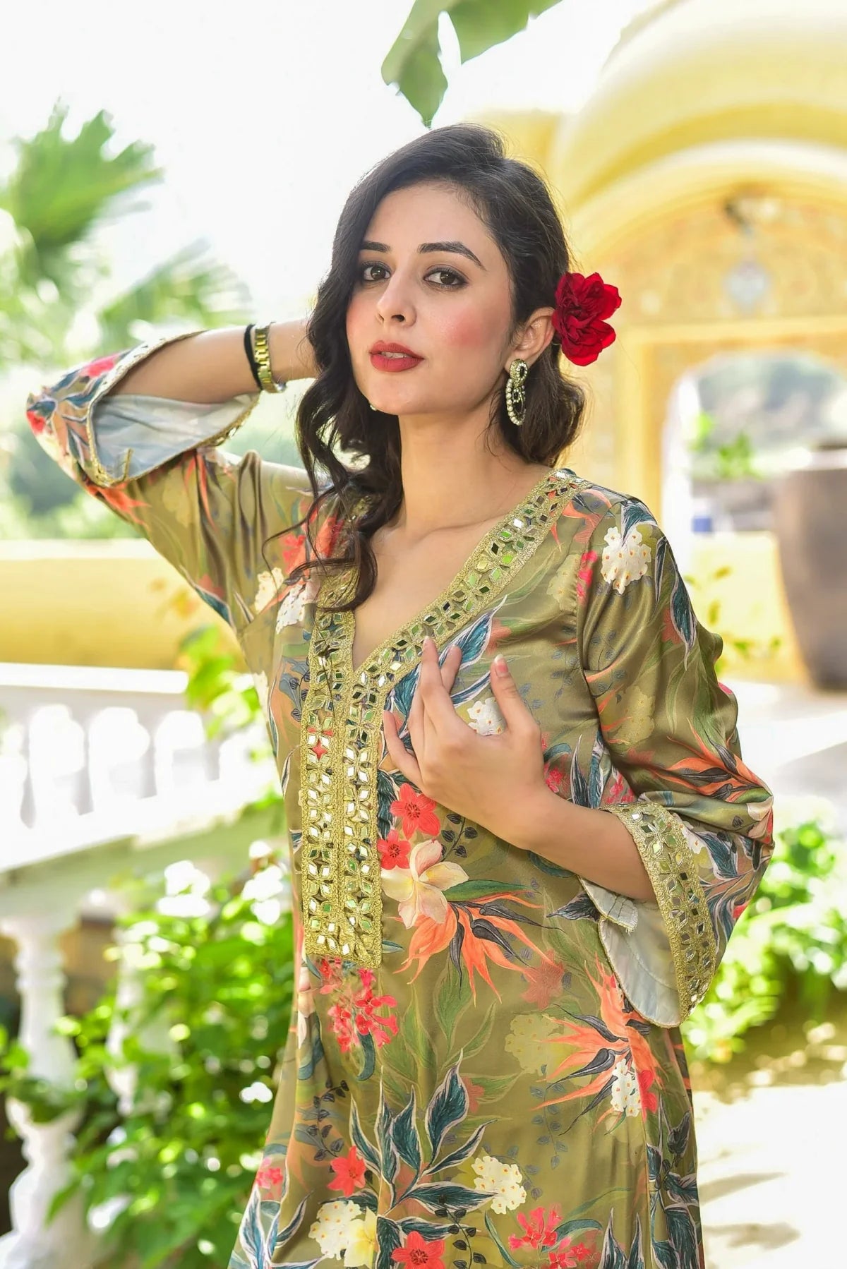 Olive Gala Afghani Dress Detail Shot - Designer Ethnic Wear